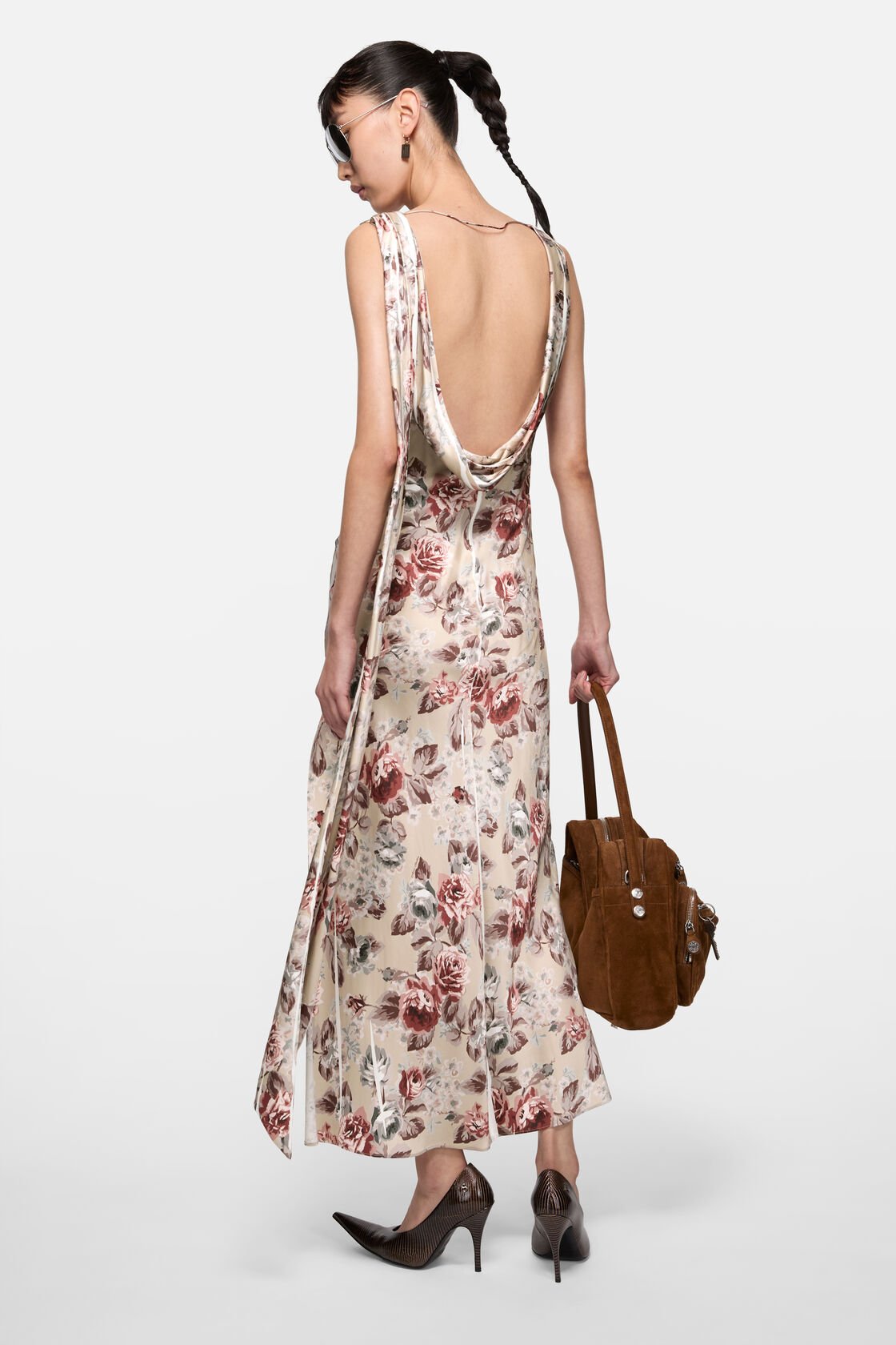 Draped floral print dress, Multi beige, 2000x