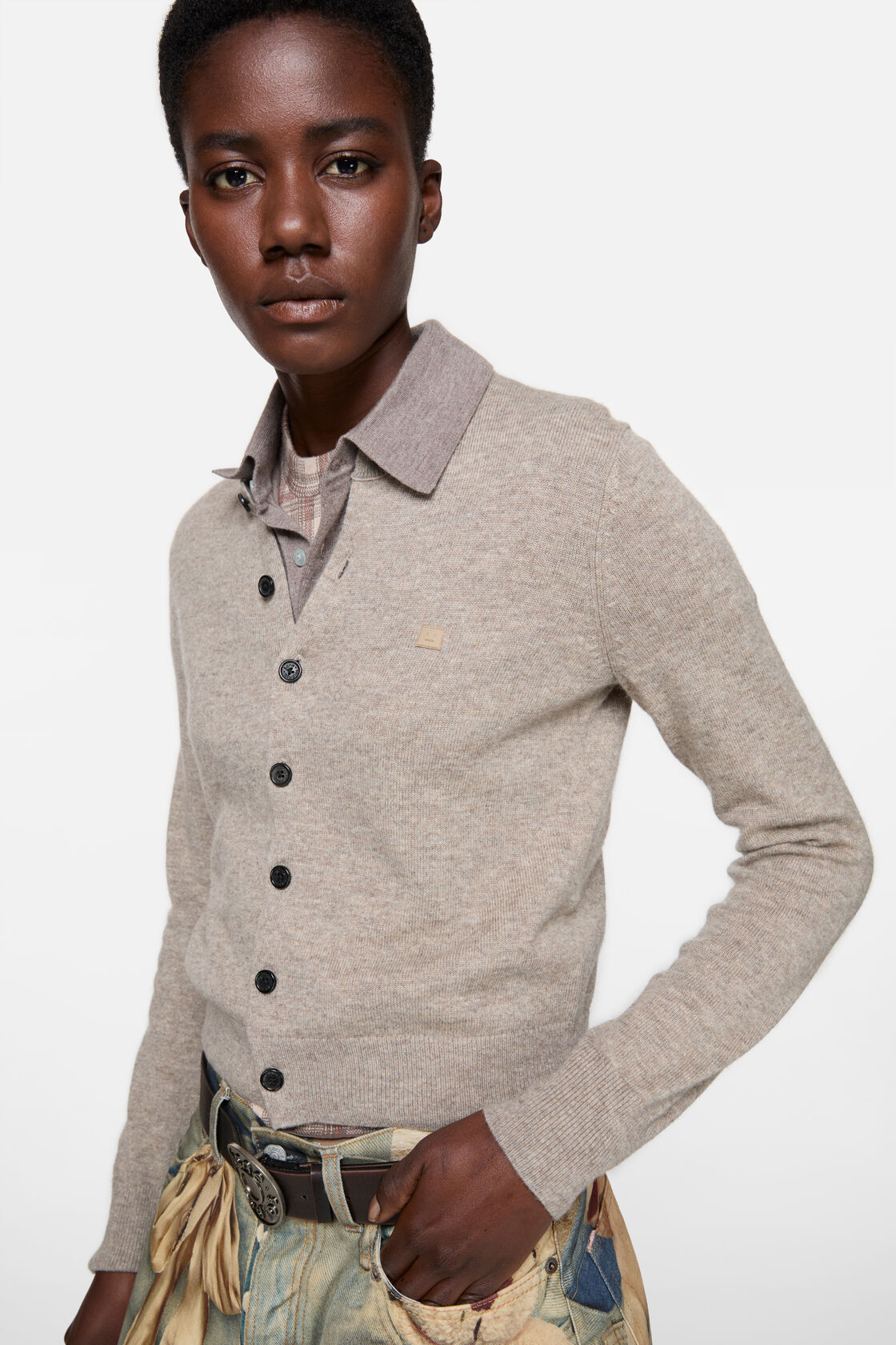 Fitted cardigan - yak wool, Greige melange, 2000x