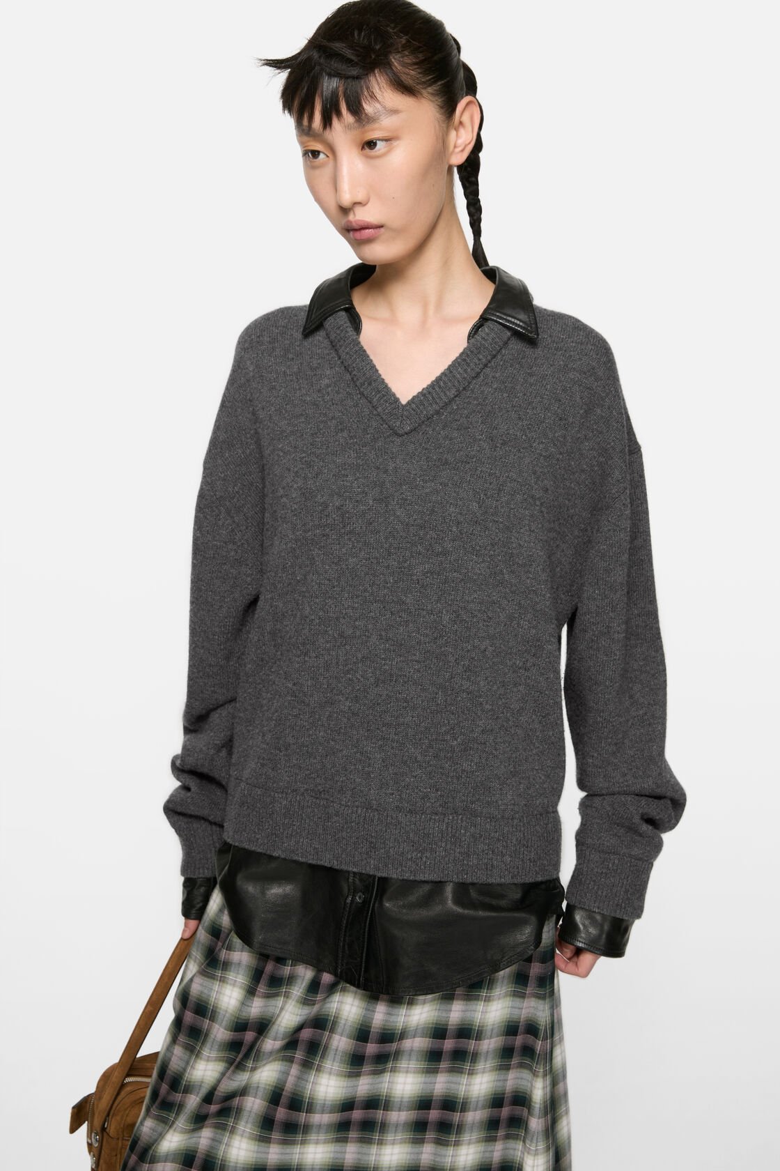 Layered wool and leather sweater, Grey, 2000x