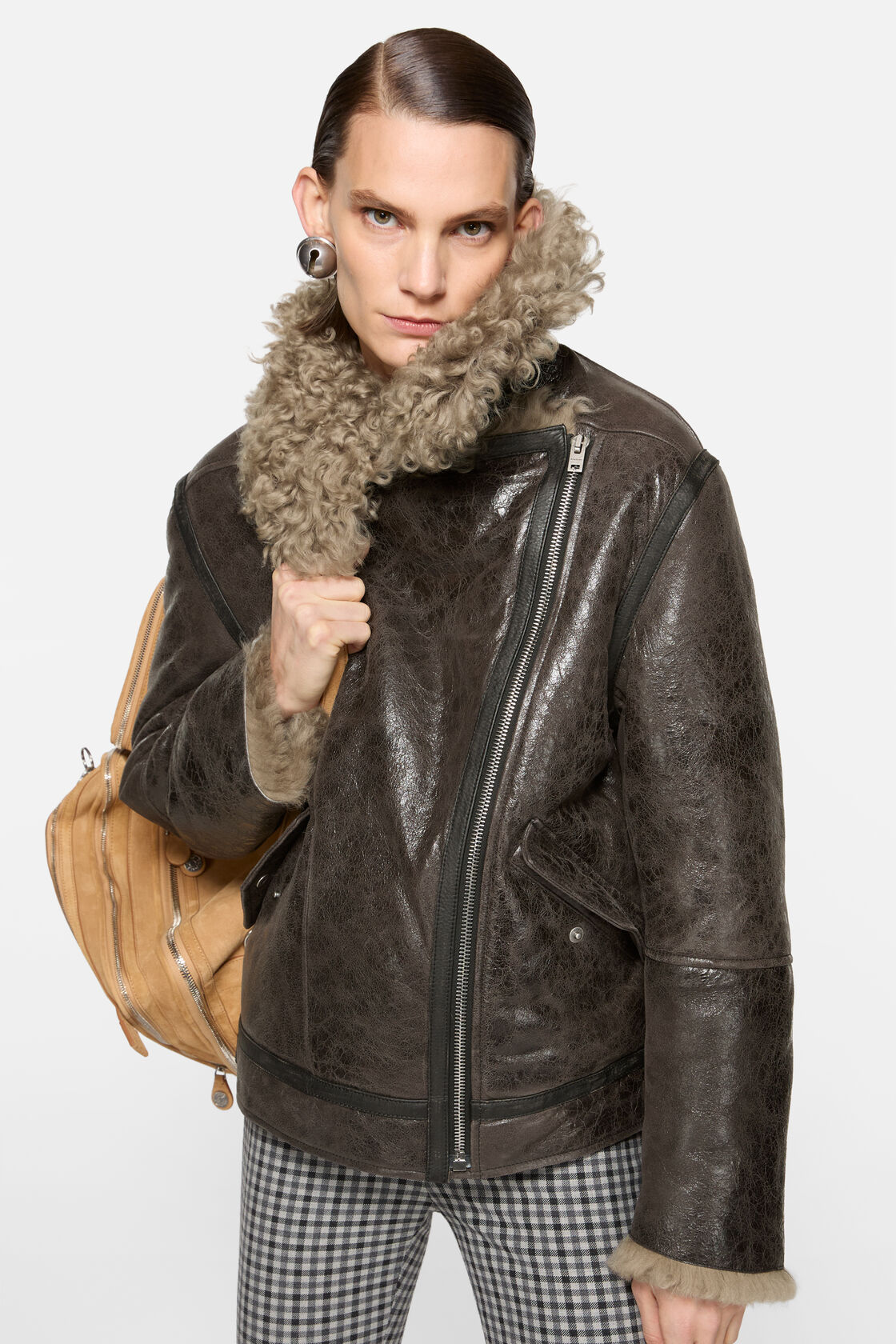 Leather shearling jacket, Dark grey, 2000x