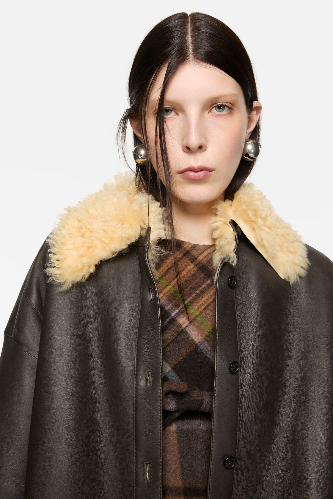 Shearling shirt jacket, Coffee brown/pale yellow, 2000x