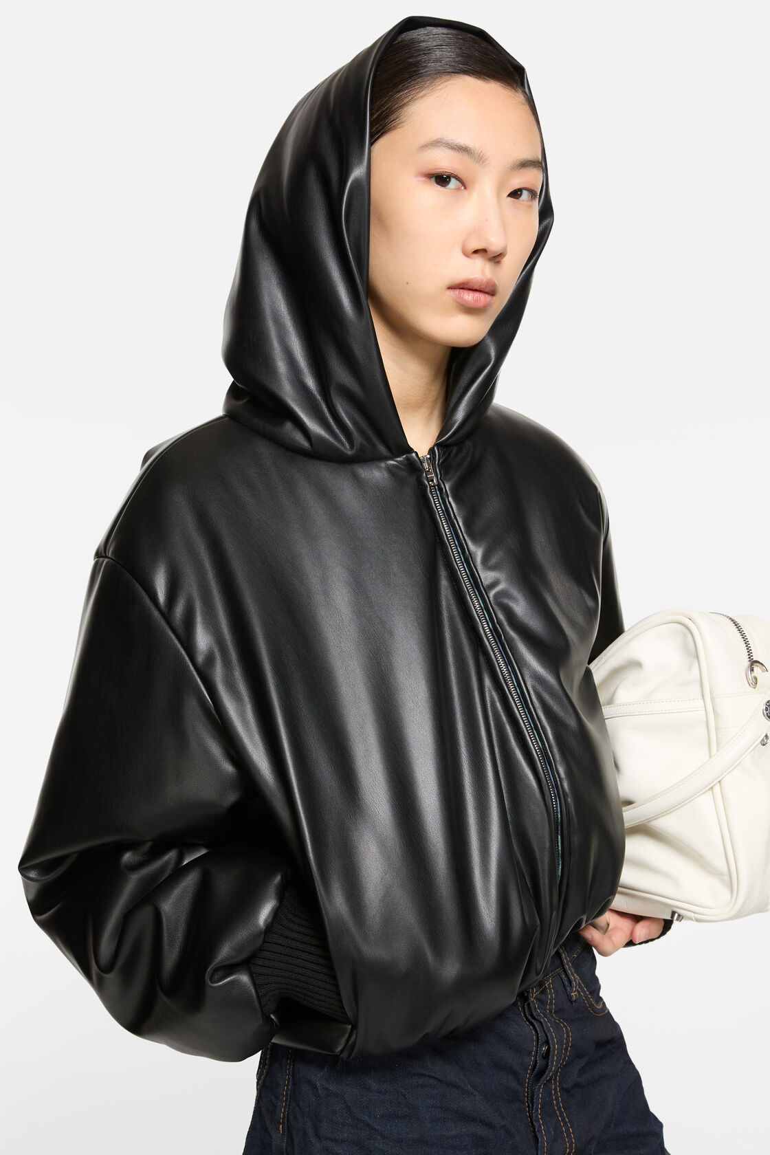 Faux leather jacket with hood, Black, 2000x