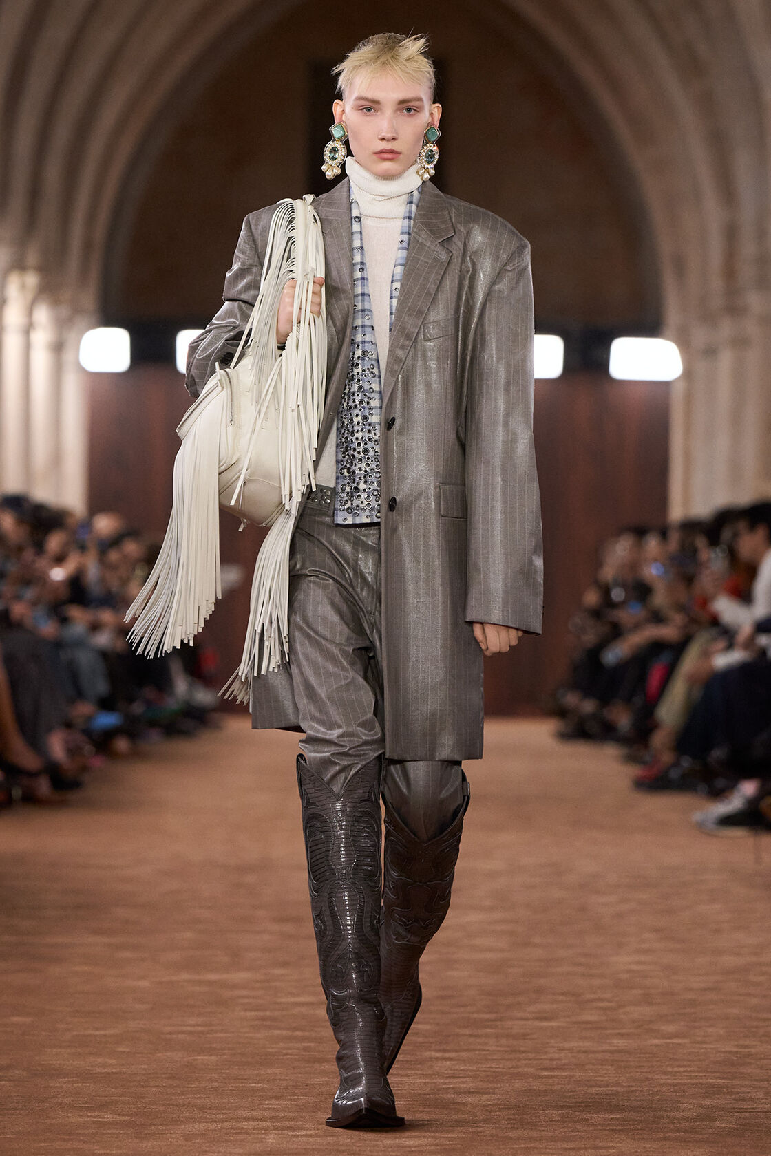 Coated pinstripe trousers, Warm Grey, 2000x