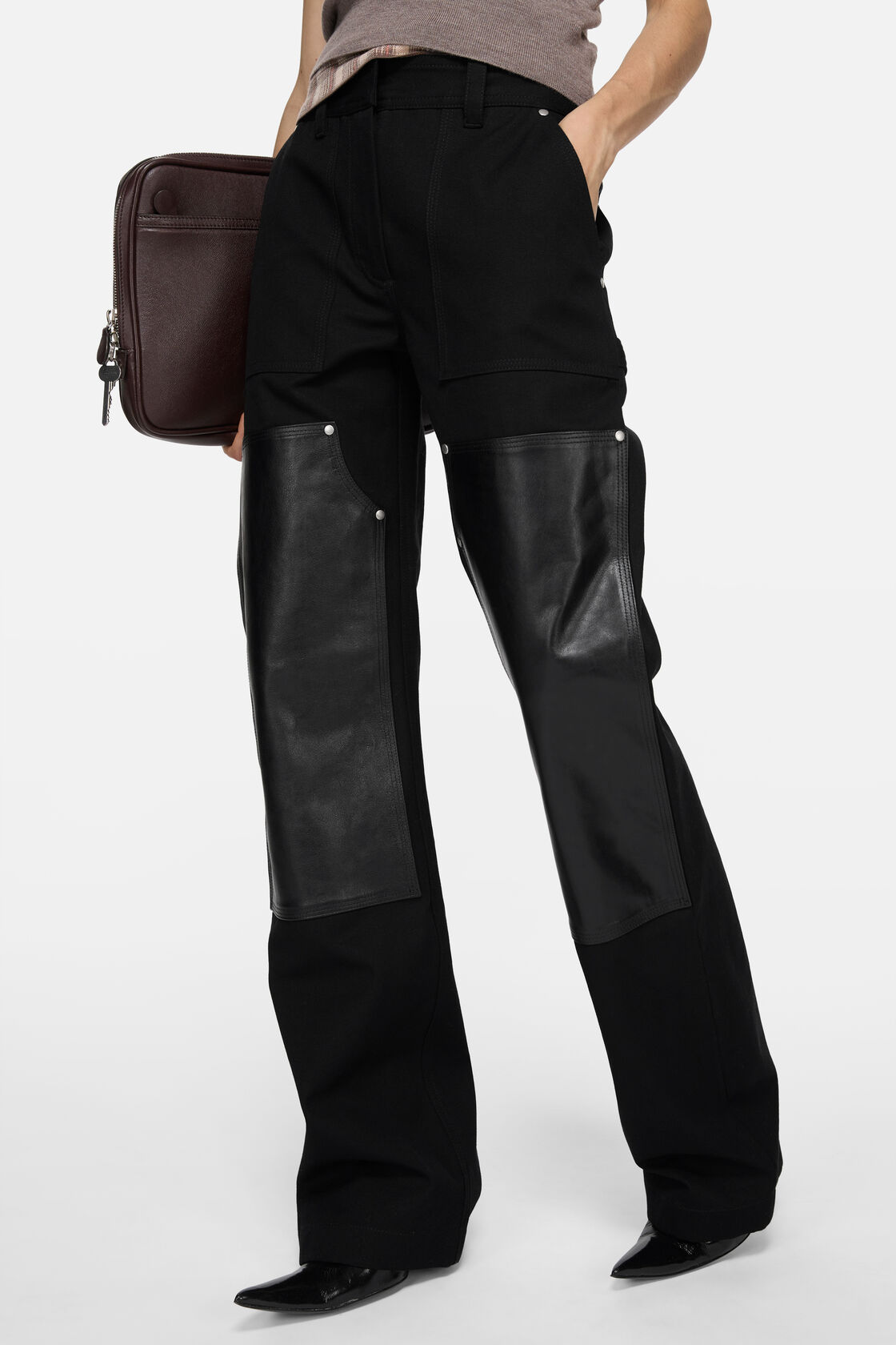 Denim trousers with leather patches, Black, 2000x