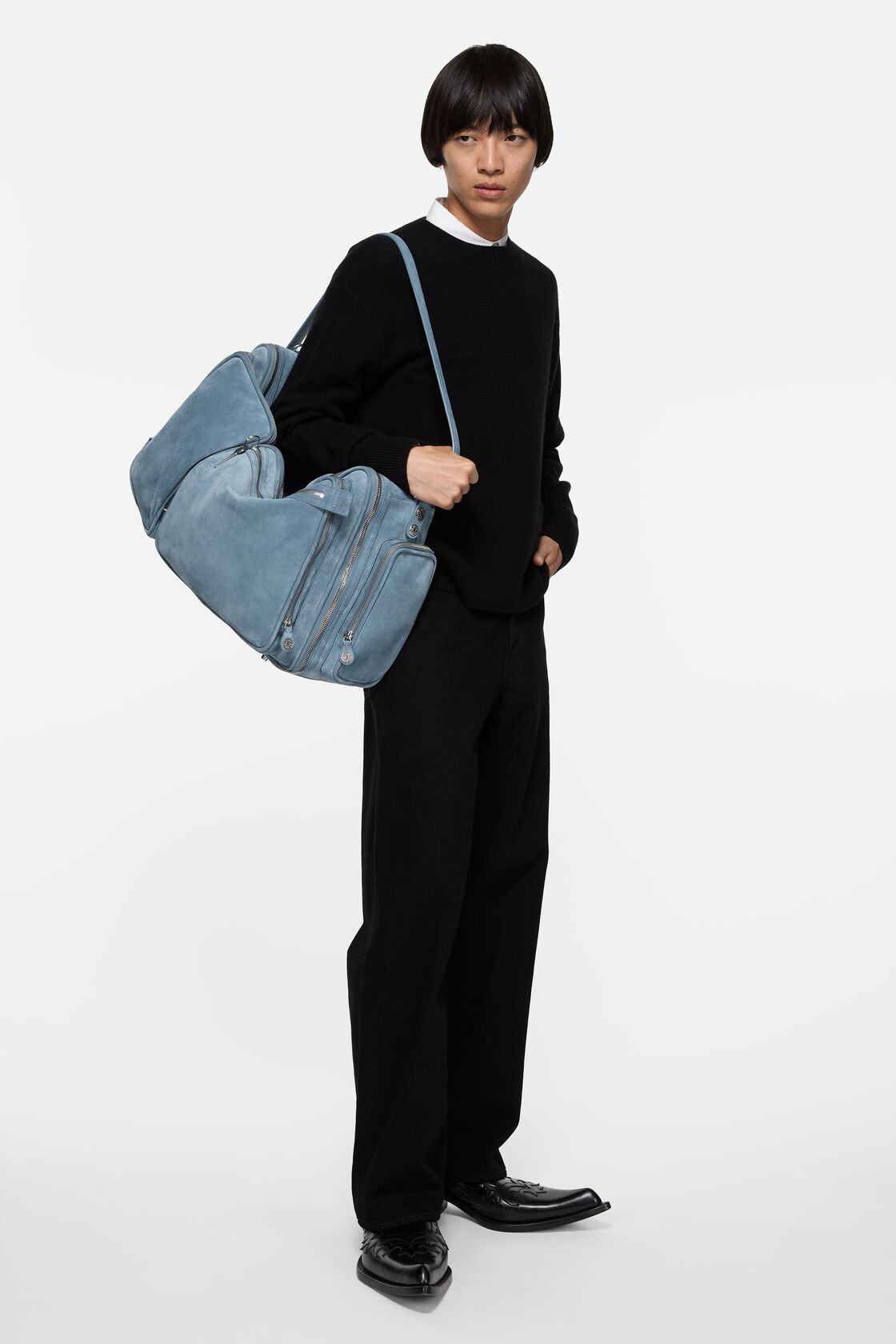 Camero Hotel Suede Shoulder Bag, Denim Blue, 2000x