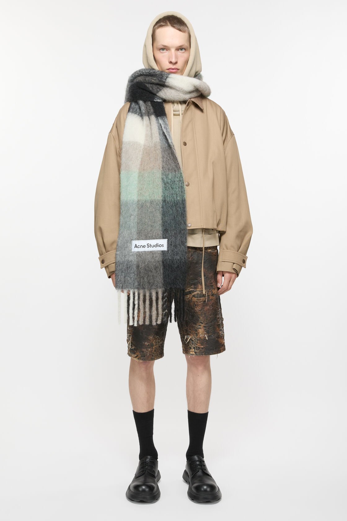 Mohair checked scarf, Green/grey/black, 2000x