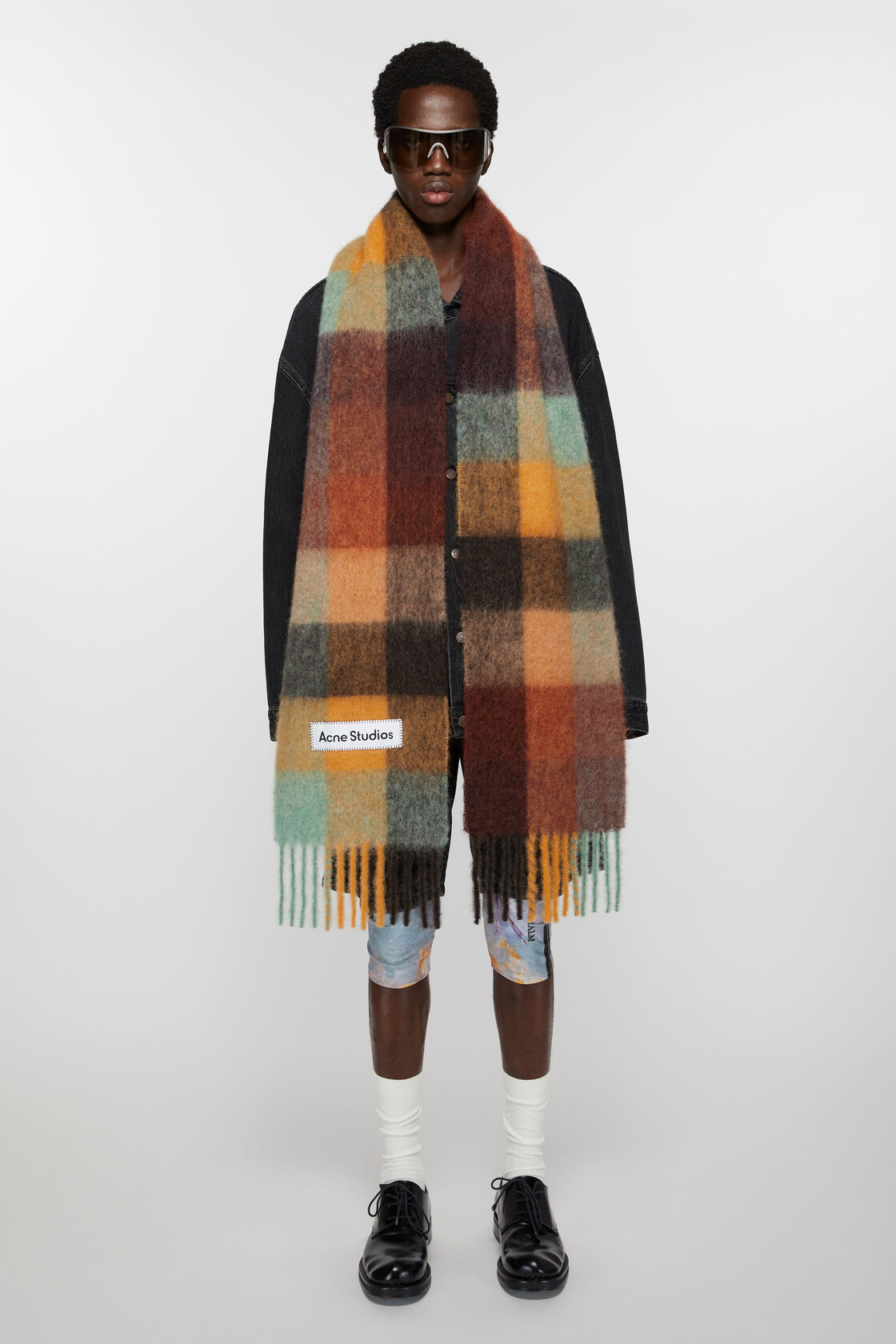Mohair checked scarf, Chestnut brown/yellow/green, 2000x