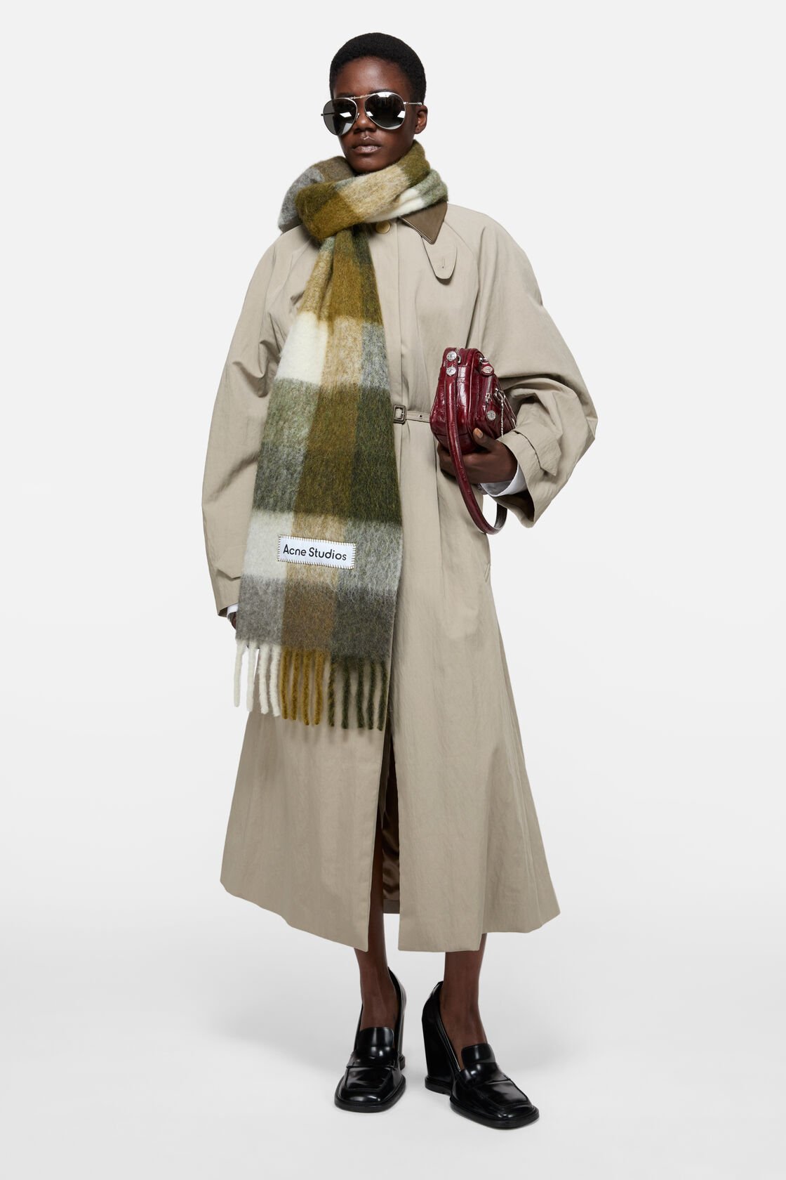 Mohair checked scarf, Taupe/Green/Black, 2000x