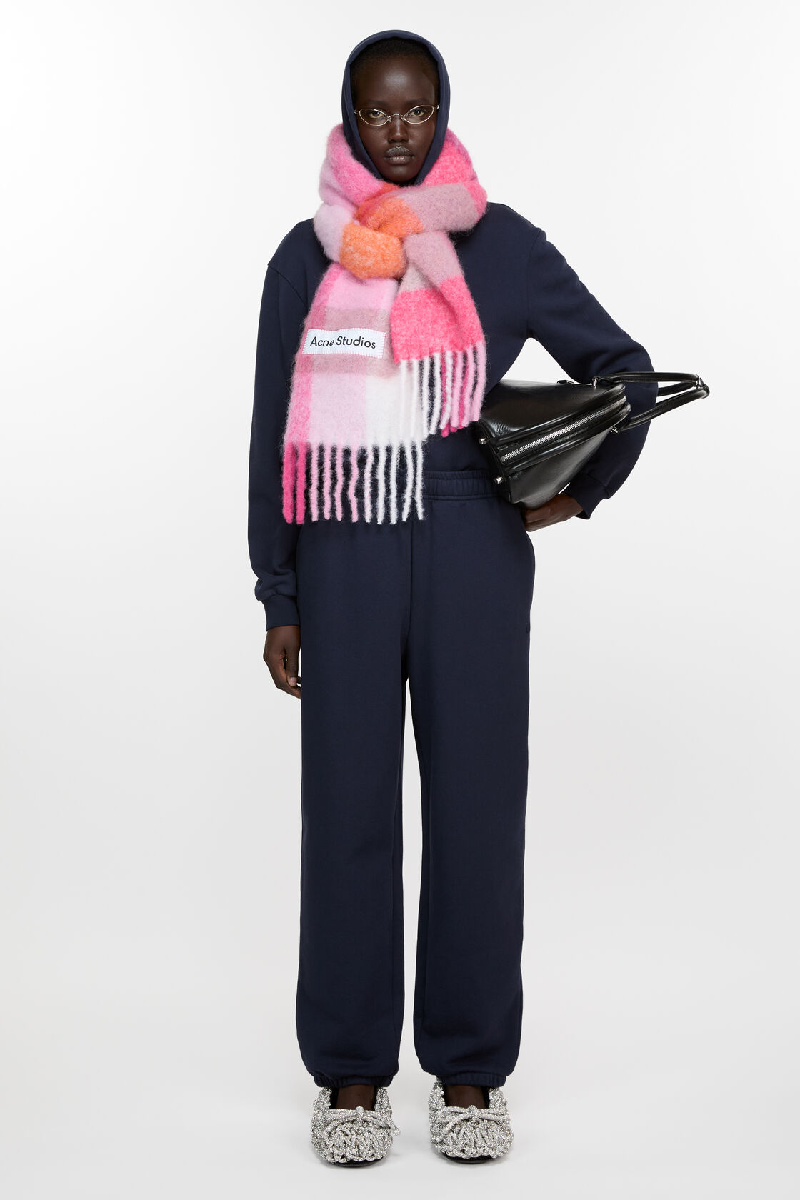 Mohair checked scarf, Pink/Fuchsia/White, 2000x