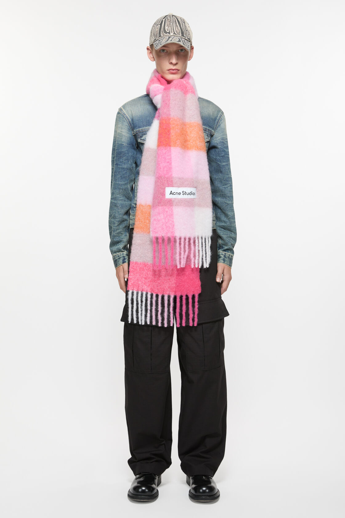 Mohair checked scarf, Pink/Fuchsia/White, 2000x