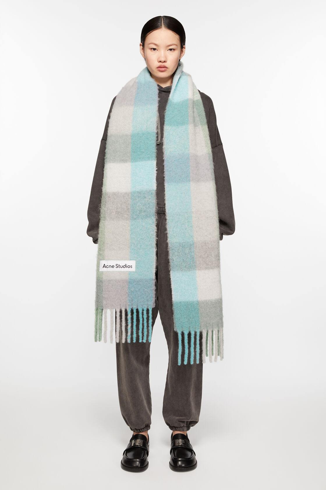 Mohair checked scarf, Turquoise/Grey/Mint Green, 2000x