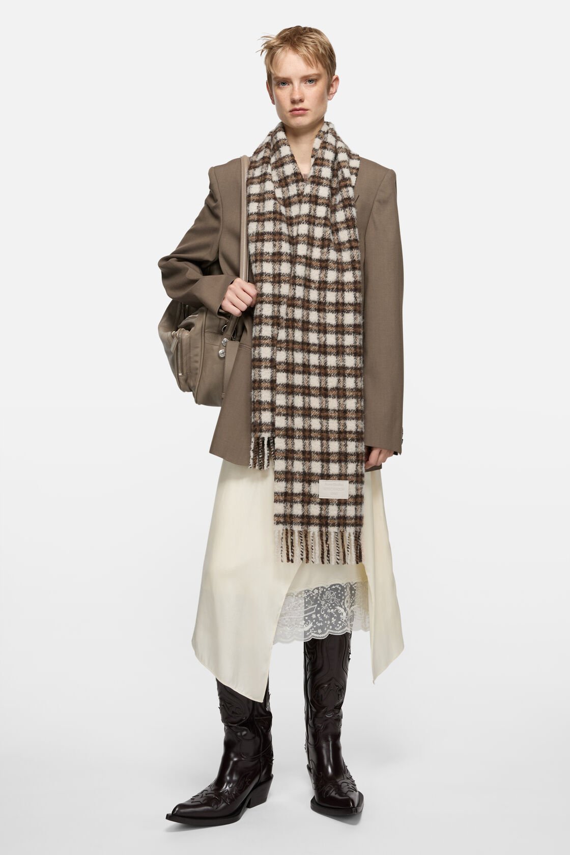 Checked logo scarf, Beige/brown, 2000x